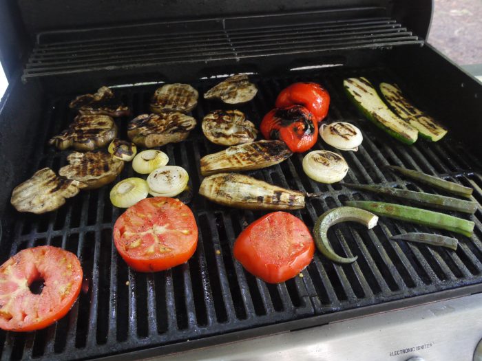 making grilled ratatouille on a gas grill