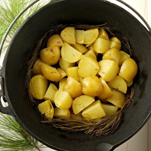 oven roasted potatoes on a bed of pine needles