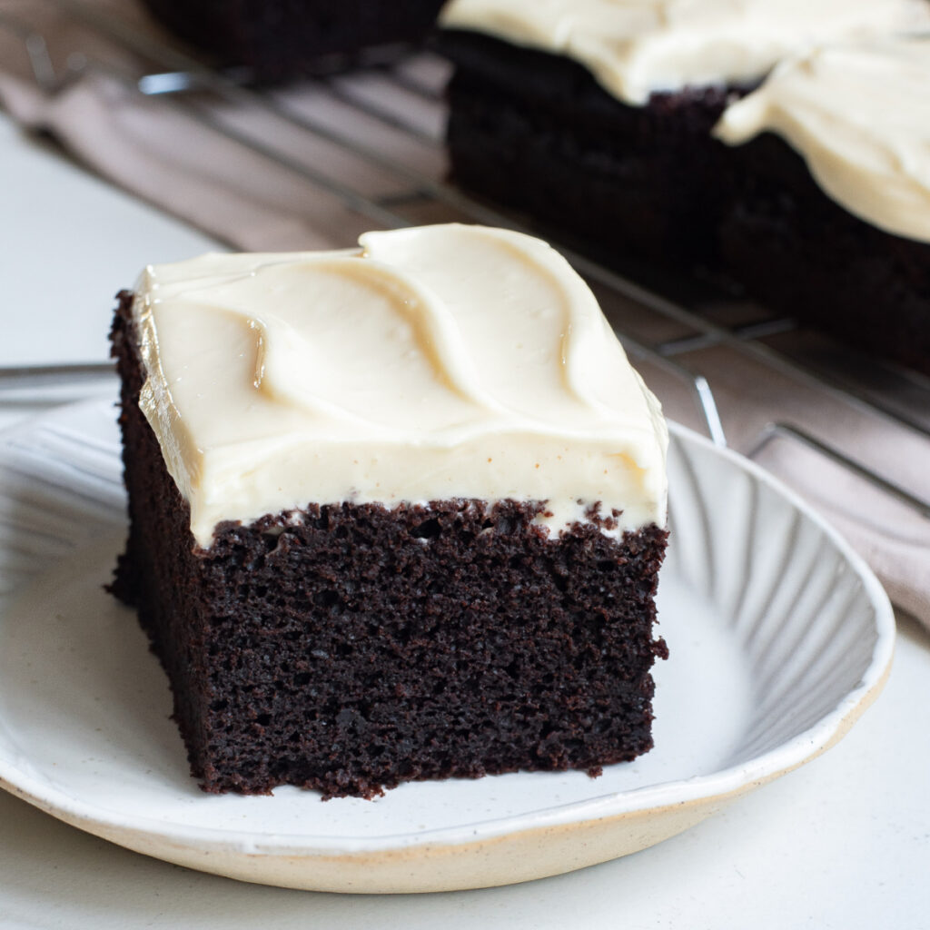 black magic chocolate cake with dandelion root coffee and cream cheese frosting